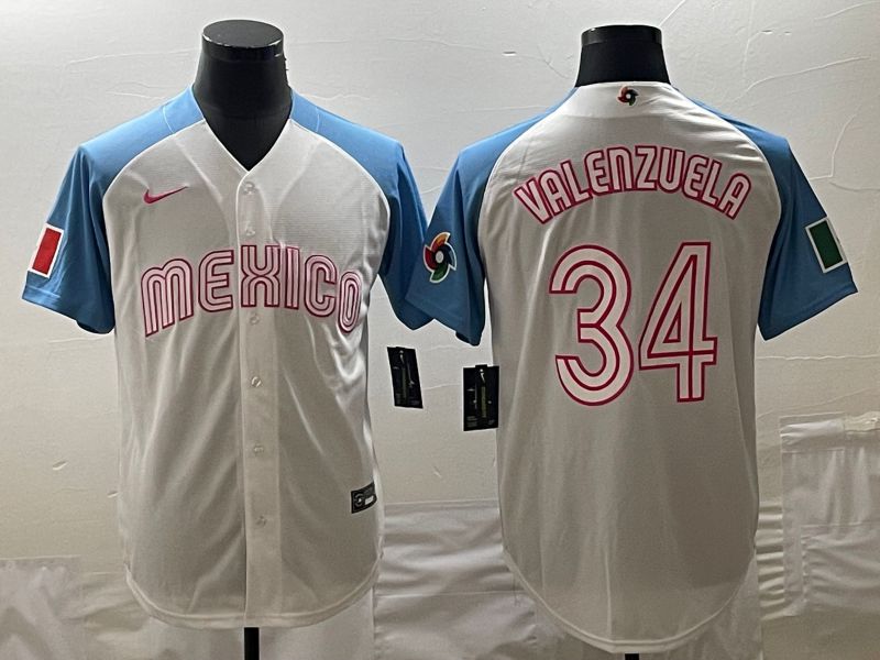 Men 2023 World Cub Mexico 34 Valenzuela White blue Nike MLB Jersey10